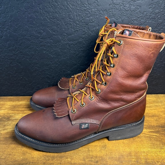 Justin 0760 Mens 13 D Brown Leather Work Boots Double Comfort Made in USA Lace main image 6